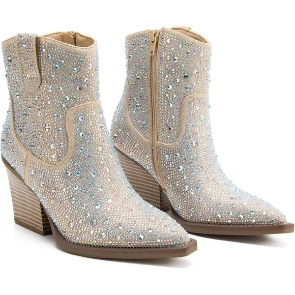 ✨Sparkle Champagne Ankle Boots🍾💎 Rhinestone Pointed Bling✨👢Western Heel Boots👢🌟 - Picture 2 of 6